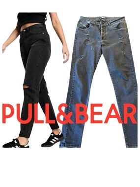 Pull & Bear Black Distressed Button Fly Skinny Ankle Jeans (31x29)